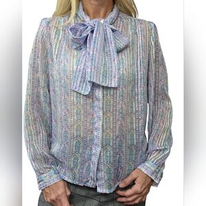 Vintage 80s Tie Neck Blouse 8 La Chine Classic Pastel Secretary Top